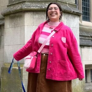 Shiny by Nature Pink Corduroy Patchwork Heart Jacket Flamingo Size Small